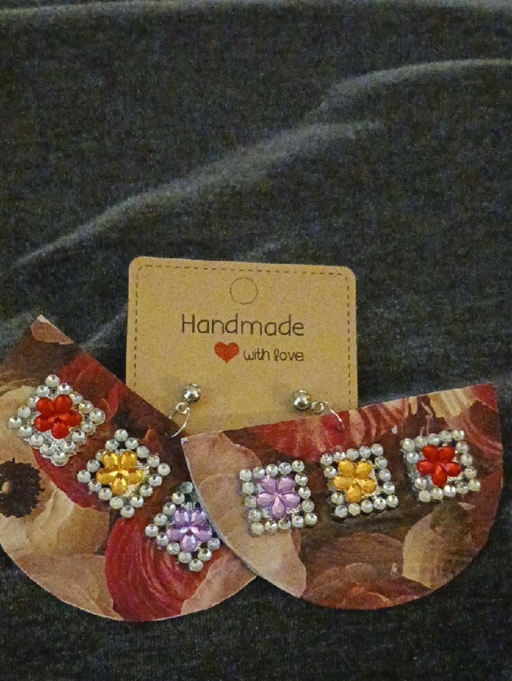 Handmade Floral Half-Moon Earrings with Multicolor Crystal Accents